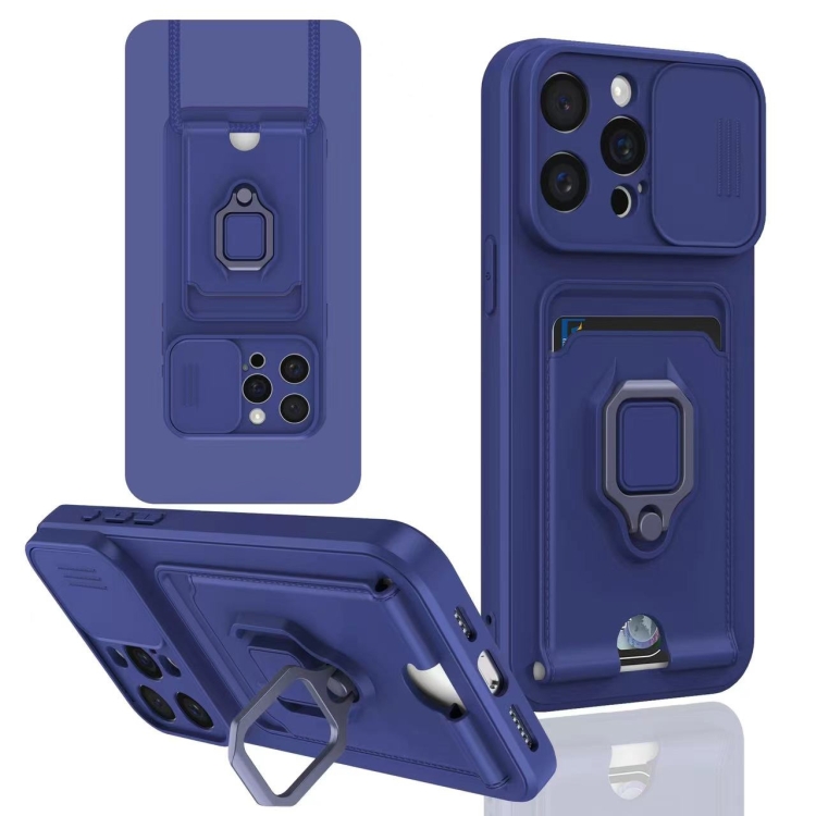 

For iPhone 14 Pro Max Sliding Camshield Magnetic Card Holder Silicone Phone Case(Navy Blue)