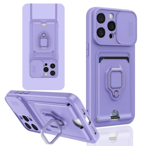 

For iPhone 13 Pro Max Sliding Camshield Magnetic Card Holder Silicone Phone Case(Light Purple)