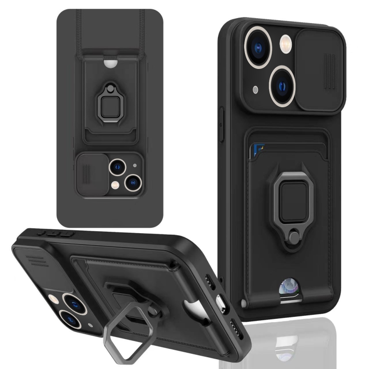

For iPhone 13 Sliding Camshield Magnetic Card Holder Silicone Phone Case(Black)