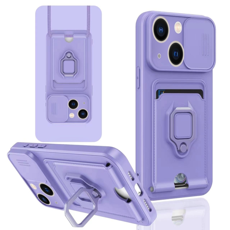 

For iPhone 13 Sliding Camshield Magnetic Card Holder Silicone Phone Case(Light Purple)