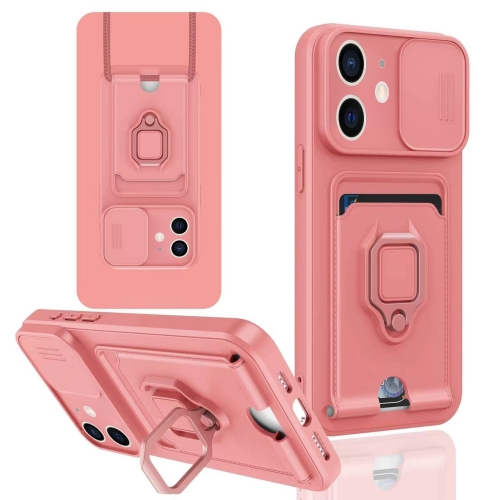 

For iPhone 12 Sliding Camshield Magnetic Card Holder Silicone Phone Case(Pink)