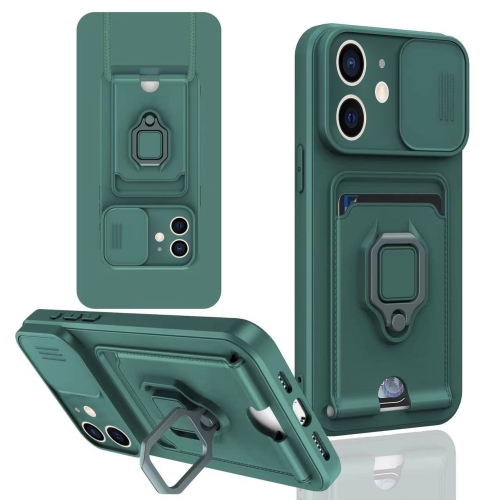 

For iPhone 12 Sliding Camshield Magnetic Card Holder Silicone Phone Case(Dark Night Green)