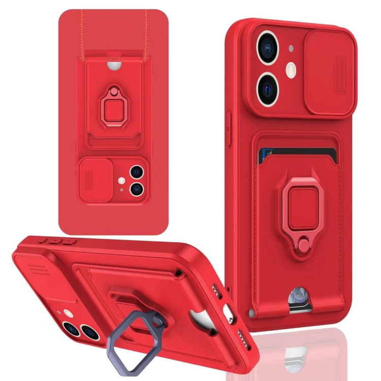 

For iPhone 12 Sliding Camshield Magnetic Card Holder Silicone Phone Case(Red)