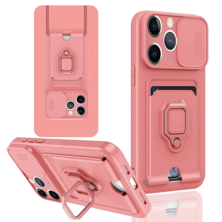 

For iPhone 11 Pro Max Sliding Camshield Magnetic Card Holder Silicone Phone Case(Pink)