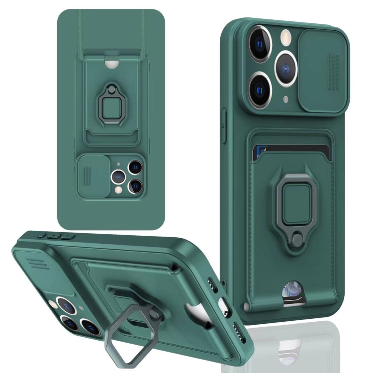 

For iPhone 11 Pro Sliding Camshield Magnetic Card Holder Silicone Phone Case(Dark Night Green)