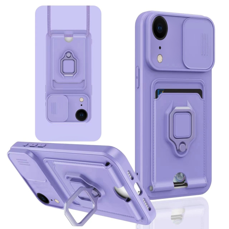 

For iPhone XR Sliding Camshield Magnetic Card Holder Silicone Phone Case(Light Purple)