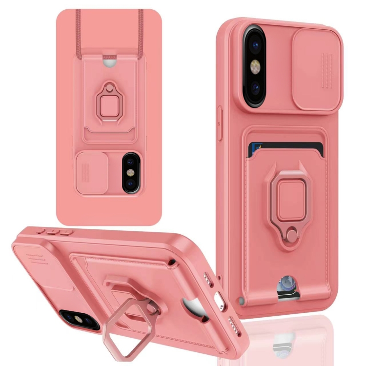 

For iPhone X / XSS Sliding Camshield Magnetic Card Holder Silicone Phone Case(Pink)