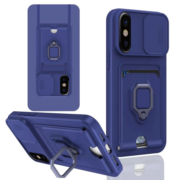 

For iPhone X / XSS Sliding Camshield Magnetic Card Holder Silicone Phone Case(Navy Blue)