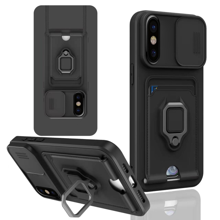 

For iPhone X / XSS Sliding Camshield Magnetic Card Holder Silicone Phone Case(Black)