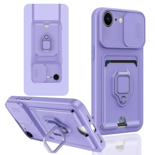 

For iPhone 7 / 8 / SE 2022 Sliding Camshield Magnetic Card Holder Silicone Phone Case(Light Purple)