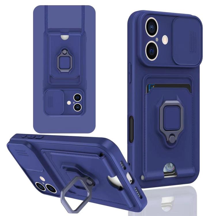 

For iPhone 16 Sliding Camshield Magnetic Card Holder Silicone Phone Case(Navy Blue)