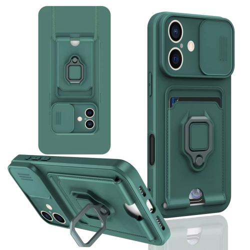 

For iPhone 16 Sliding Camshield Magnetic Card Holder Silicone Phone Case(Dark Night Green)