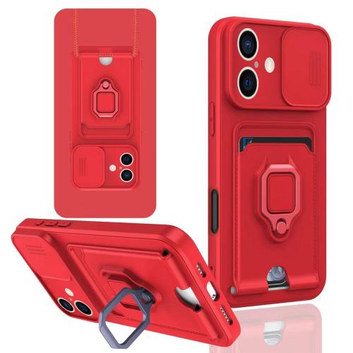 

For iPhone 16 Sliding Camshield Magnetic Card Holder Silicone Phone Case(Red)