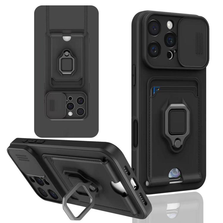 

For iPhone 16 Pro Sliding Camshield Magnetic Card Holder Silicone Phone Case(Black)