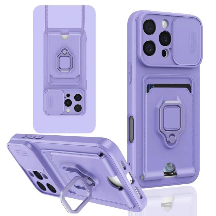 

For iPhone 16 Pro Sliding Camshield Magnetic Card Holder Silicone Phone Case(Light Purple)
