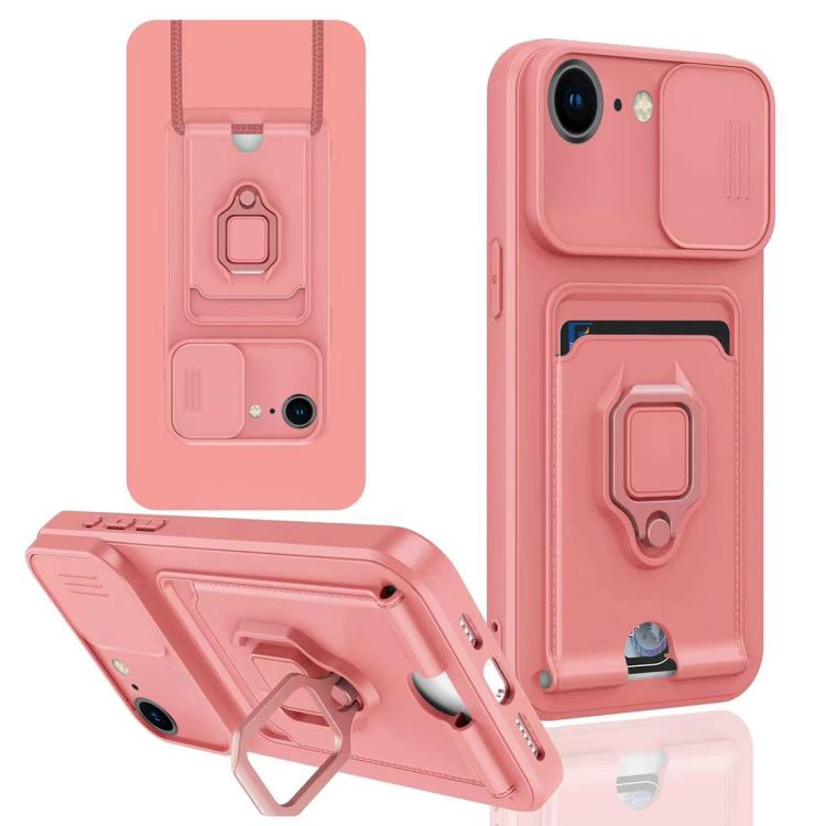 

For iPhone 16e Sliding Camshield Magnetic Card Holder Silicone Phone Case(Pink)