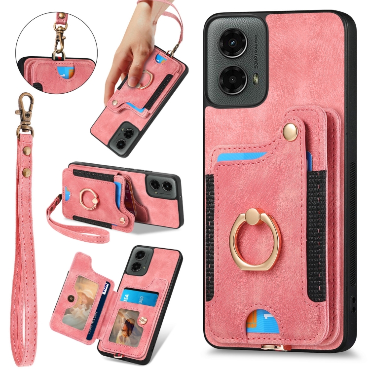

For Motorola Moto G 2024 Retro Skin-feel Ring Multi-card RFID Wallet Phone Case(Pink)