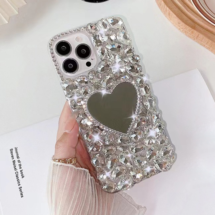 

For iPhone 15 Pro Mirror Handmade Bling Rhinestone PC Phone Case(Silver Gray Love)