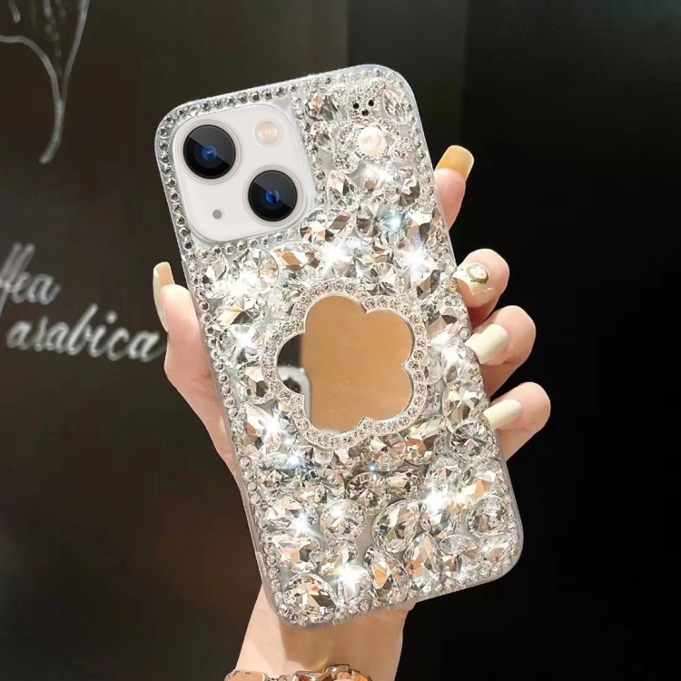 

For iPhone 15 Plus Mirror Handmade Bling Rhinestone PC Phone Case(Silver Gray Flower)
