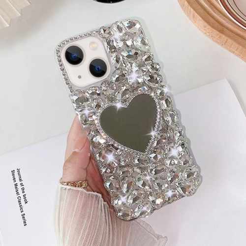 

For iPhone 15 Plus Mirror Handmade Bling Rhinestone PC Phone Case(Silver Gray Love)