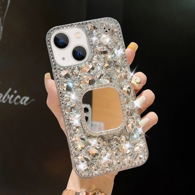 

For iPhone 15 Mirror Handmade Bling Rhinestone PC Phone Case(Silver Gray Square)