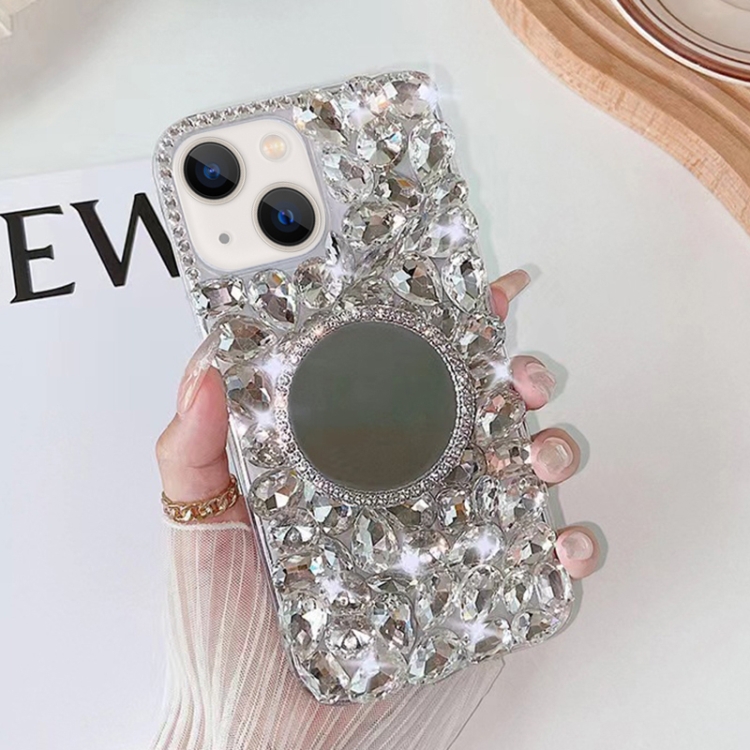 

For iPhone 14 Mirror Handmade Bling Rhinestone PC Phone Case(Silver Gray Round)
