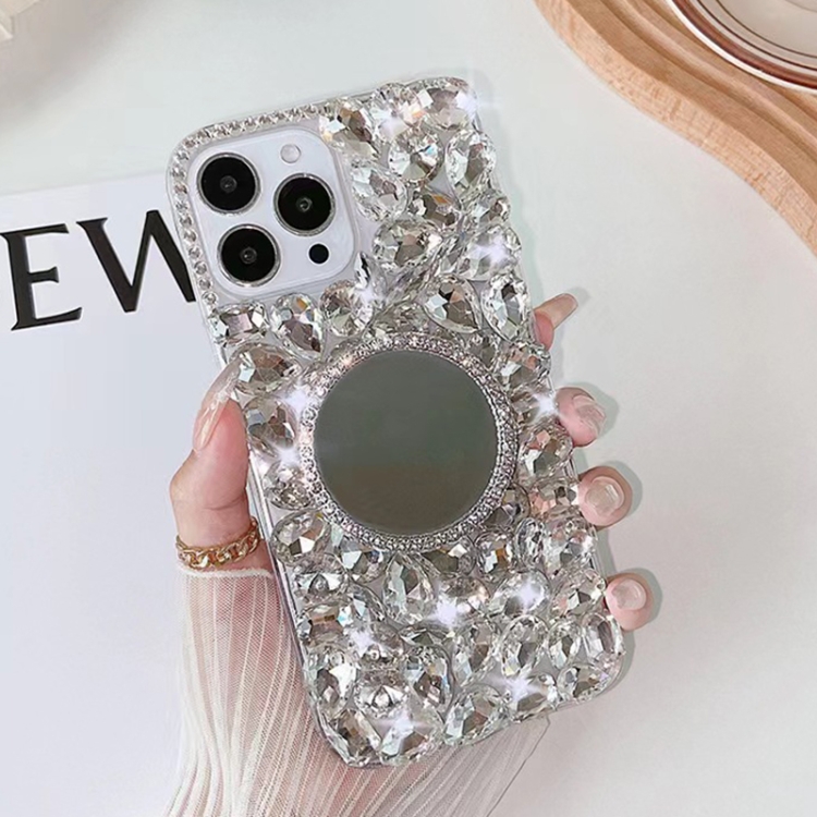 

For iPhone 14 Pro Mirror Handmade Bling Rhinestone PC Phone Case(Silver Gray Round)