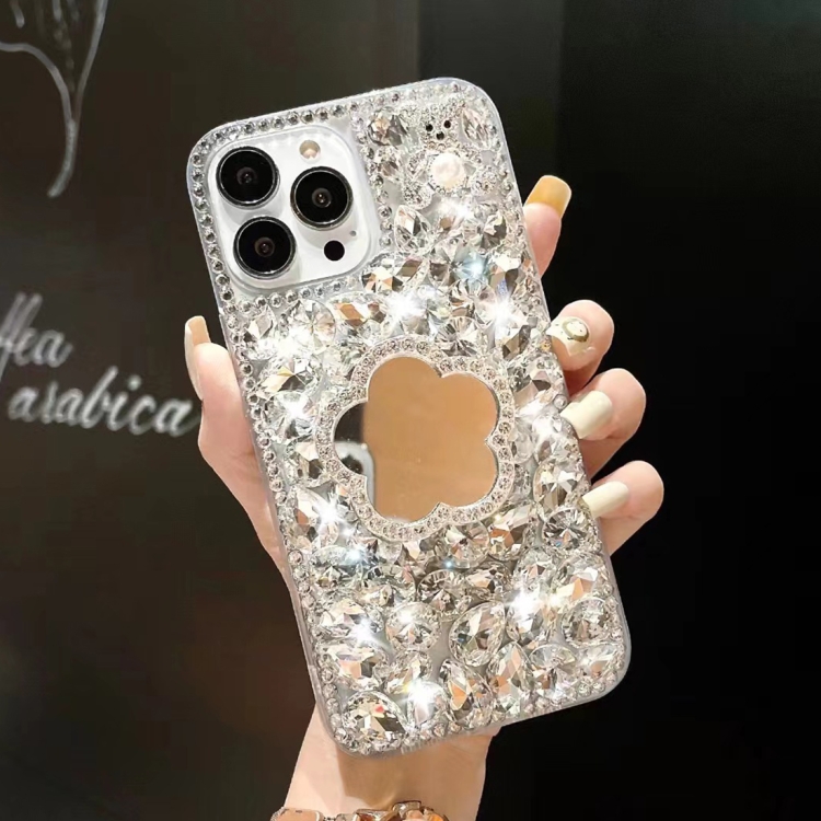 

For iPhone 14 Pro Max Mirror Handmade Bling Rhinestone PC Phone Case(Silver Gray Flower)