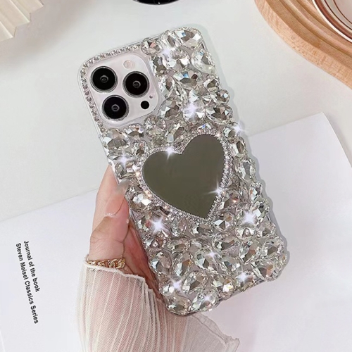 

For iPhone 13 Pro Max Mirror Handmade Bling Rhinestone PC Phone Case(Silver Gray Love)