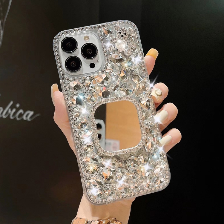 

For iPhone 12 Pro Mirror Handmade Bling Rhinestone PC Phone Case(Silver Gray Square)