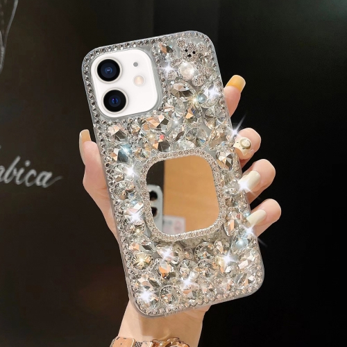 

For iPhone 12 mini Mirror Handmade Bling Rhinestone PC Phone Case(Silver Gray Square)