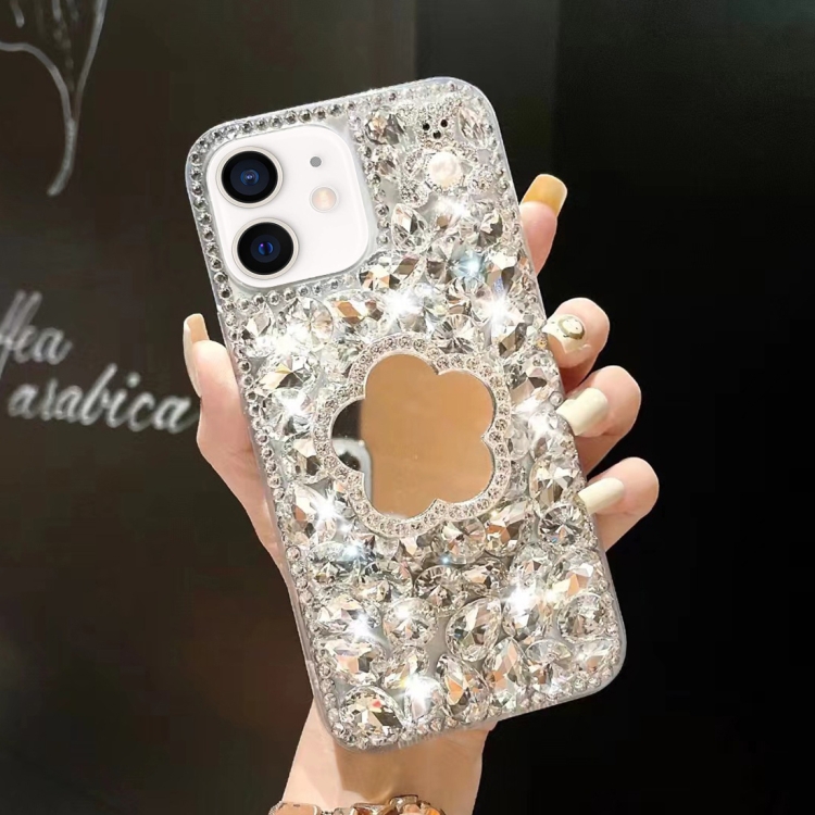 

For iPhone 12 mini Mirror Handmade Bling Rhinestone PC Phone Case(Silver Gray Flower)