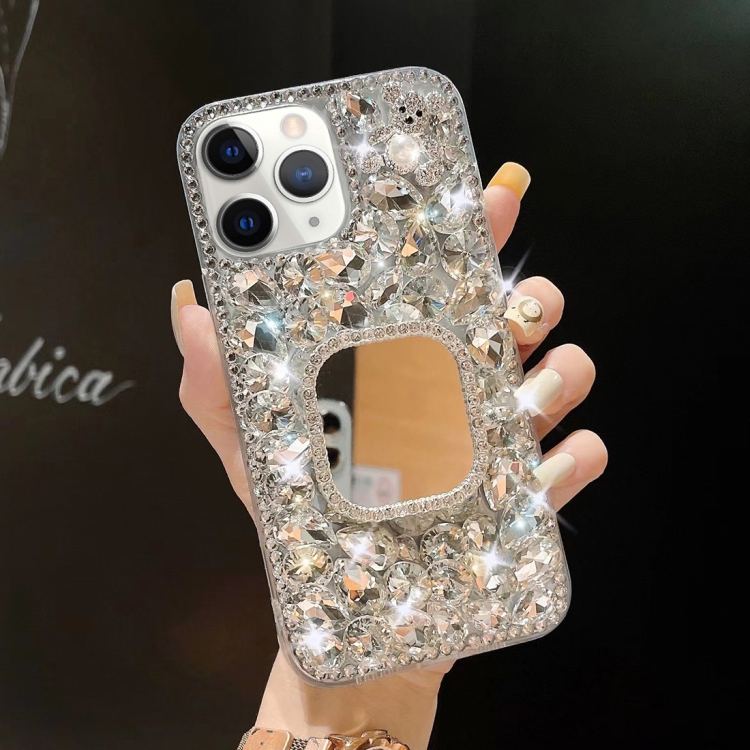 

For iPhone 11 Pro Max Mirror Handmade Bling Rhinestone PC Phone Case(Silver Gray Square)