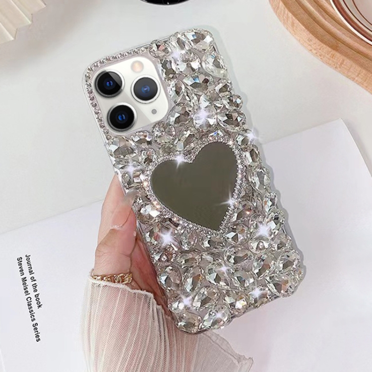 

For iPhone 11 Pro Mirror Handmade Bling Rhinestone PC Phone Case(Silver Gray Love)