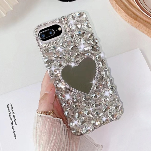 

For iPhone 7 Plus / 8 Plus Mirror Handmade Bling Rhinestone PC Phone Case(Silver Gray Love)