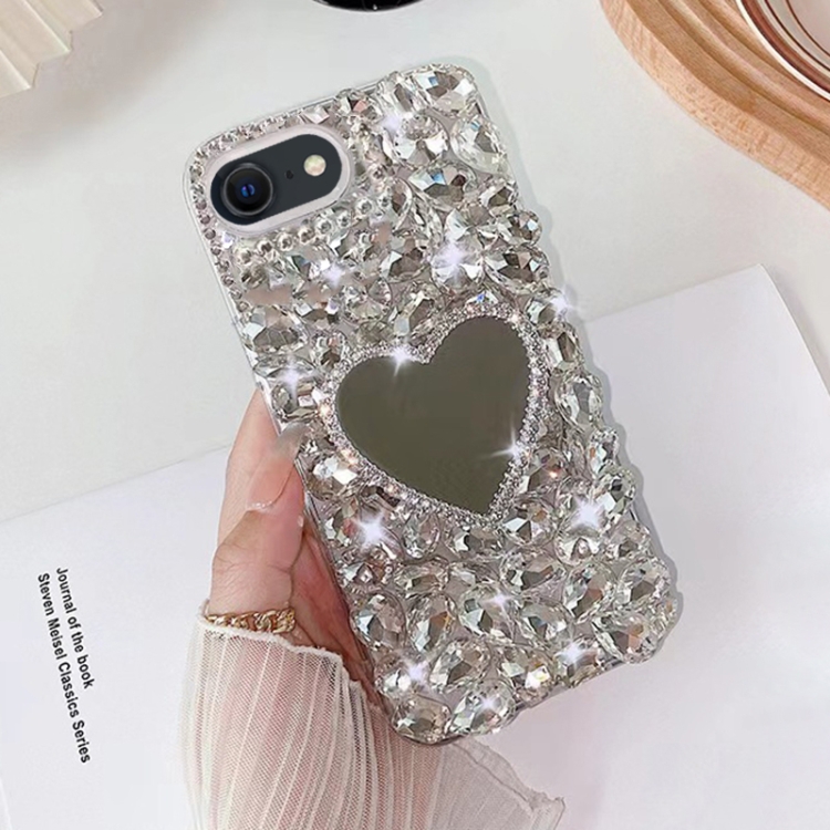 

For iPhone SE 2022 / 7 / 8 Mirror Handmade Bling Rhinestone PC Phone Case(Silver Gray Love)