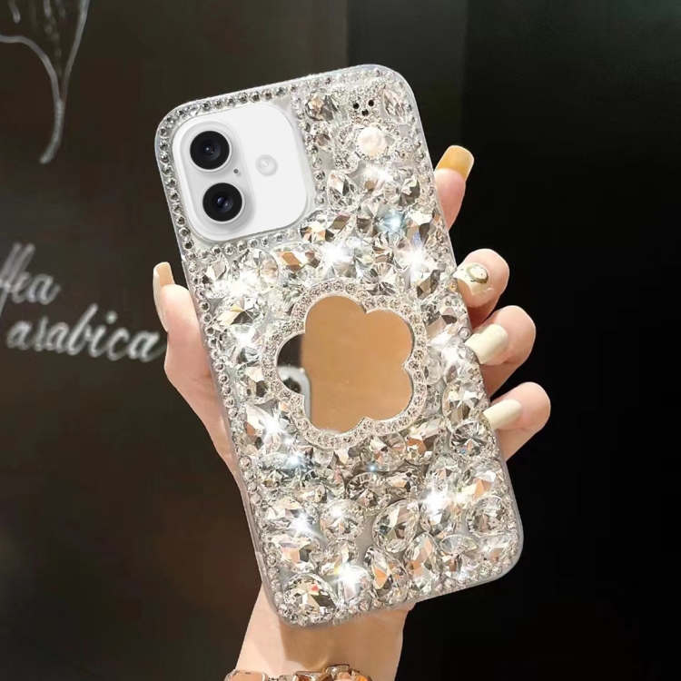 

For iPhone 16 Mirror Handmade Bling Rhinestone PC Phone Case(Silver Gray Flower)