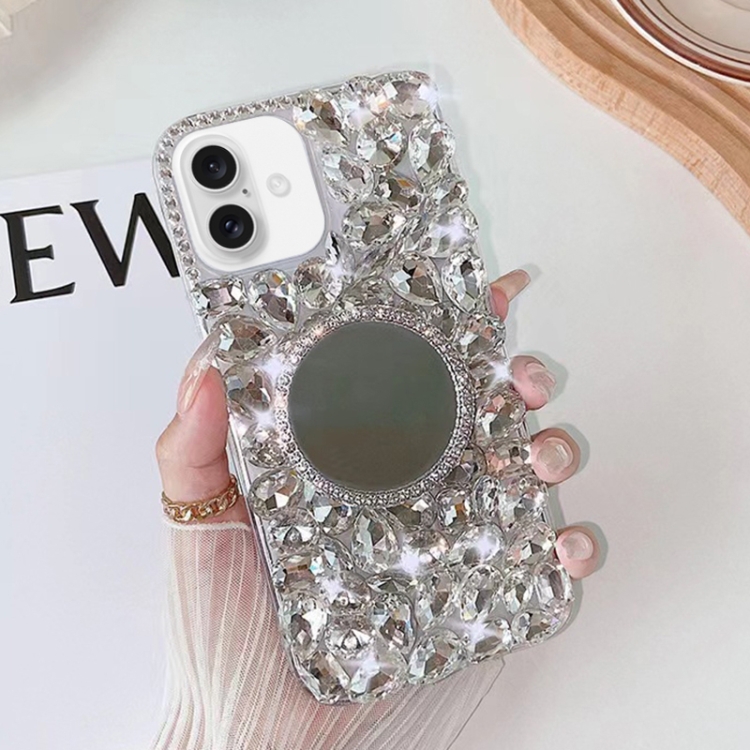 

For iPhone 16 Mirror Handmade Bling Rhinestone PC Phone Case(Silver Gray Round)