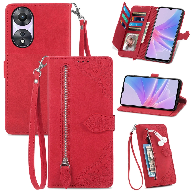 

For OPPO A78 5G Embossed Flower Zipper Leather Phone Case(Red)