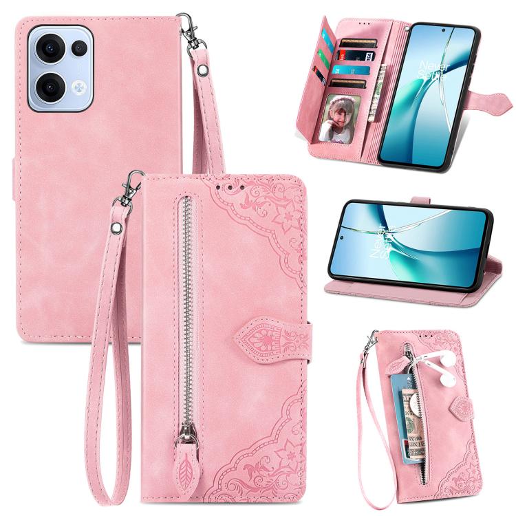 

For OPPO Reno13 Embossed Flower Zipper Leather Phone Case(Pink)