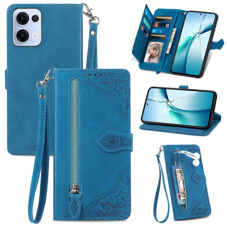 

For OPPO Reno13 Embossed Flower Zipper Leather Phone Case(Blue)