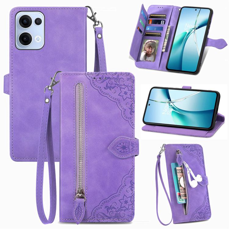 

For OPPO Reno13 Embossed Flower Zipper Leather Phone Case(Purple)