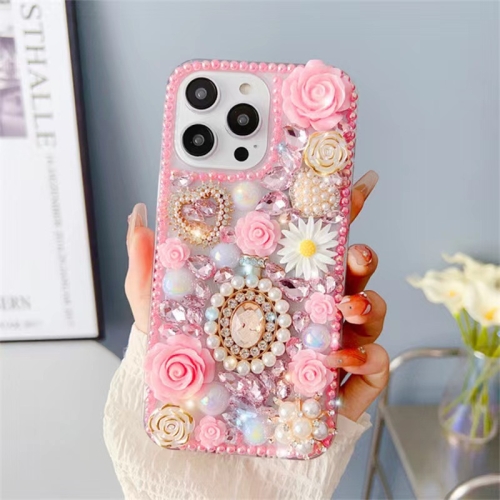 

For iPhone 15 Pro Diamond Inlaid Rose PC Phone Case(Pink)