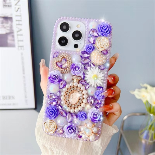 

For iPhone 15 Pro Diamond Inlaid Rose PC Phone Case(Purple)