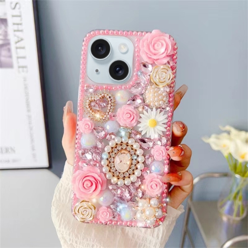 

For iPhone 15 Plus Diamond Inlaid Rose PC Phone Case(Pink)