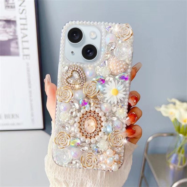 

For iPhone 15 Plus Diamond Inlaid Rose PC Phone Case(White)