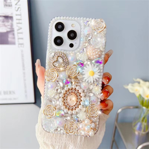 

For iPhone 13 Pro Diamond Inlaid Rose PC Phone Case(White)