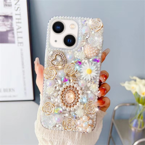 

For iPhone 13 Diamond Inlaid Rose PC Phone Case(White)