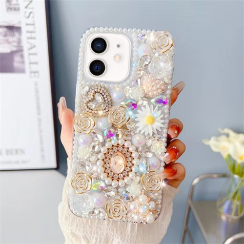 

For iPhone 12 Diamond Inlaid Rose PC Phone Case(White)