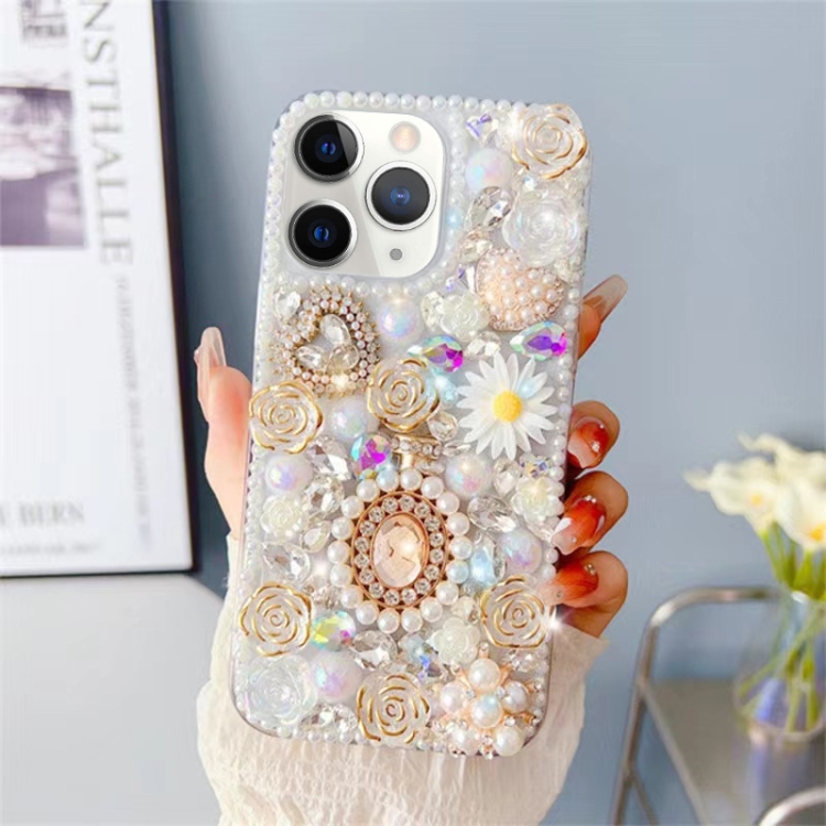 

For iPhone 11 Pro Diamond Inlaid Rose PC Phone Case(White)